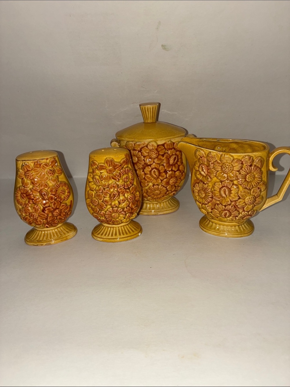 Vintage-Style Yellow Floral Ceramic Creamer & Sugar Set with salt and pepper